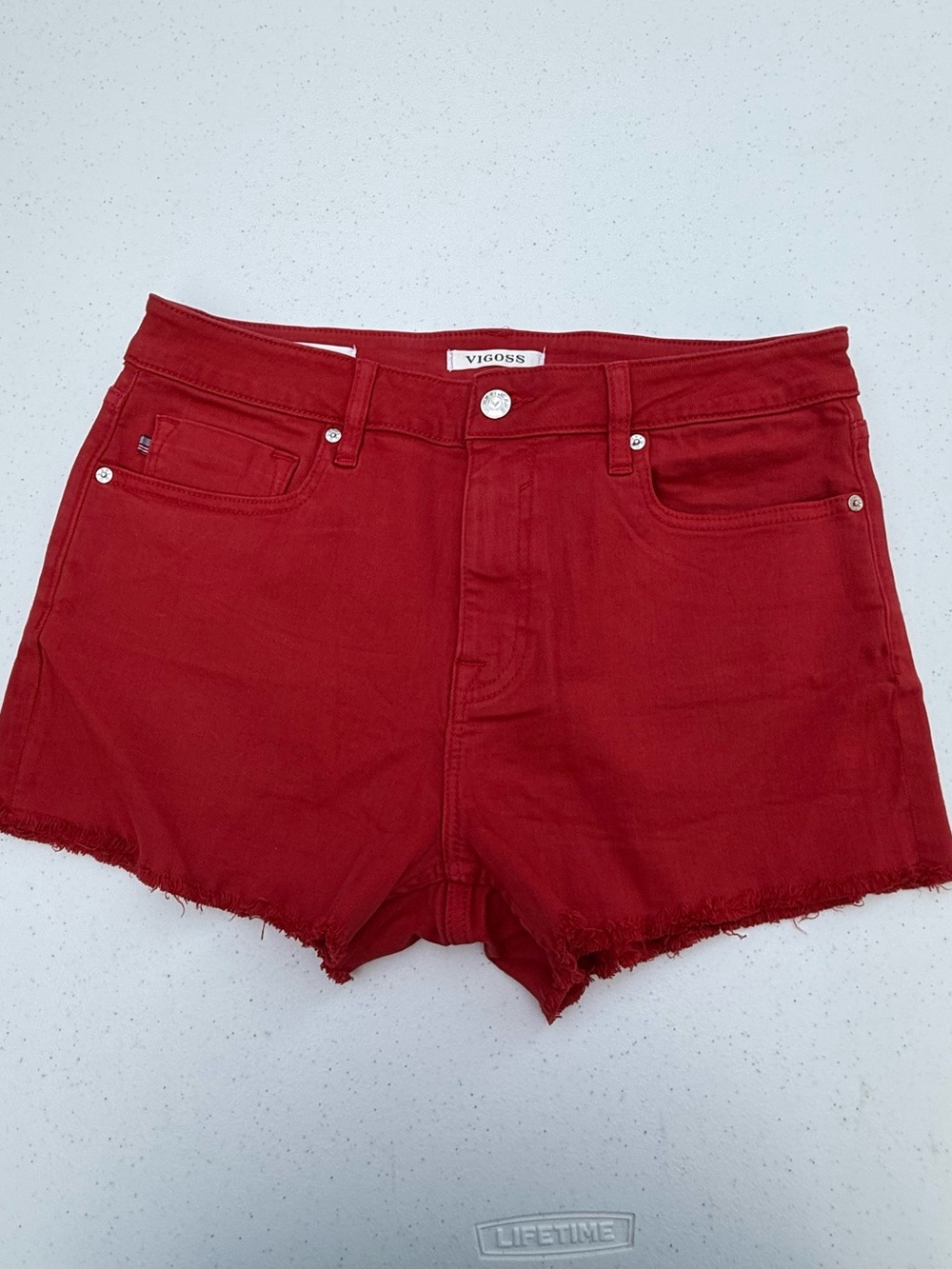 Vigoss Crimson Frayed Hem Denim Shorts